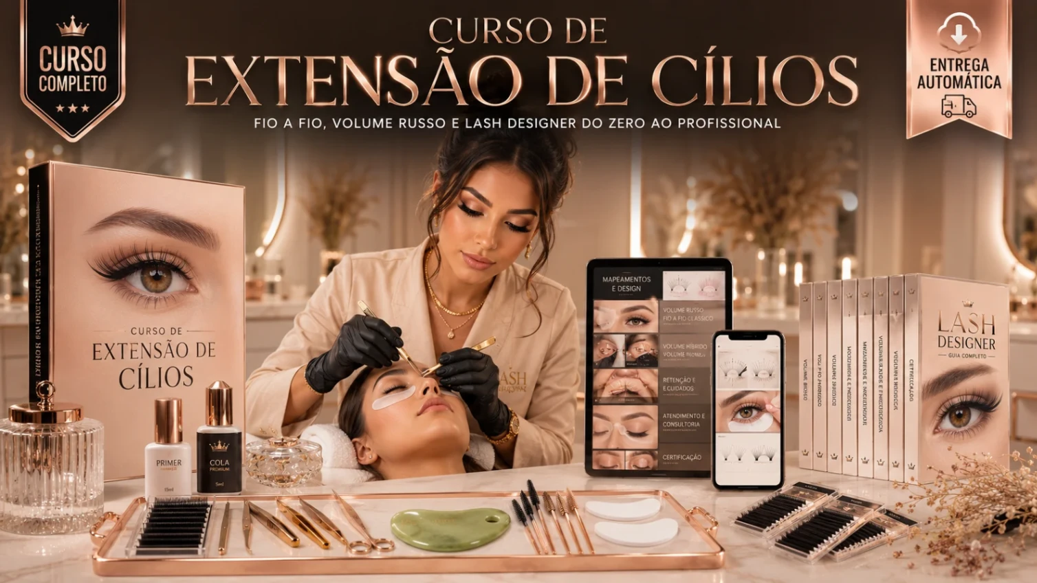 Curso de Extensão de Cílios Profissional: Fio a Fio, Volume Russo, Lash Designer do Zero ao Avançado