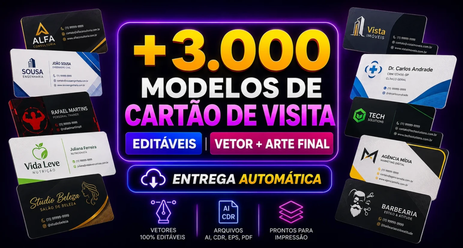 +3.000 MODELOS DE CARTÃO DE VISITA EDITÁVEIS | VETOR + ARTE FINAL - ENTREGA AUTOMÁTICA